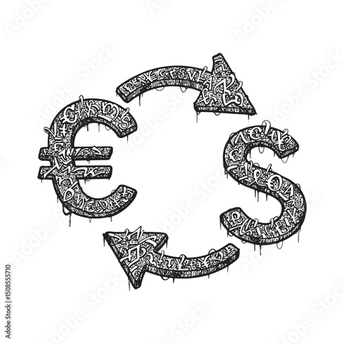 Artistic currency exchange icon with textured financial figures