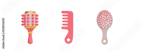 A set of 3d assorted hair combs. Brush, comb and massage comb. Vector illustration on isolated white background