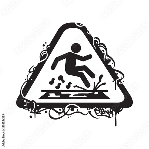 Slippery Floor Warning Icon with Graffiti Art in Black and White