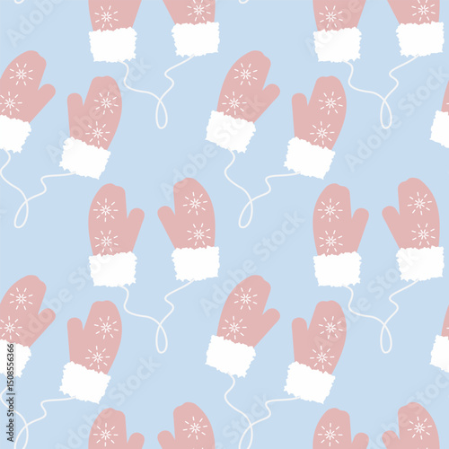 Pink mittens on rope, fur and snowflakes decor Seamless pattern on blue Background Wintertime fond