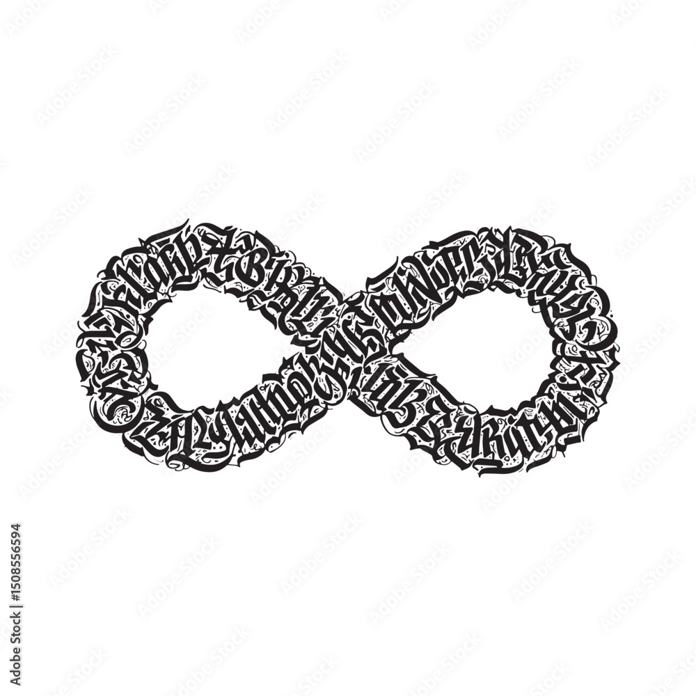 Monochrome infinity symbol crafted from ornate gothic script cal
