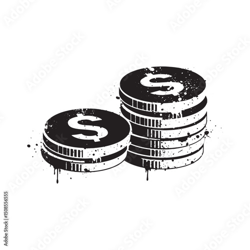 Grunge Style Coin Stack Illustration with Dripping Paint Effect