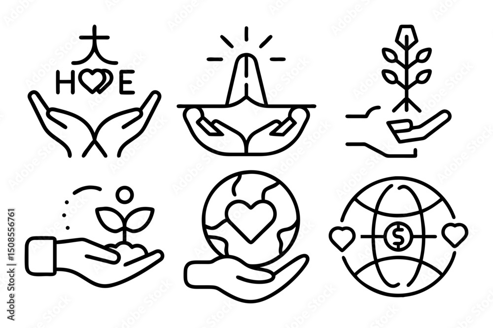 Fototapeta premium Charity icon set line art vector illustration