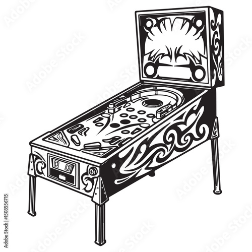 Pinball Machine with Tribal Tattoo Style Design in Black and Whi