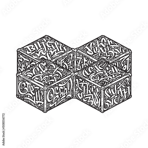 Monochrome Vector Artwork of Interconnected Blockchain Cubes wit