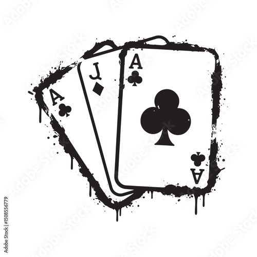 Poker Hand Stencil Drip Art, Black and White Vector Graphic for