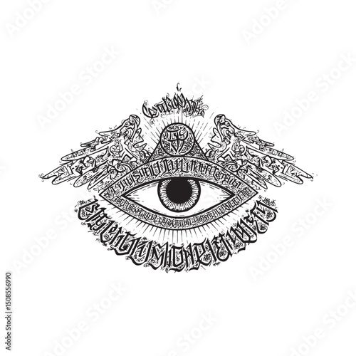 Illuminati Symbol with Graffiti Style, Black and White Vector Il