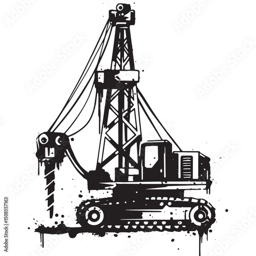 Stylized Drilling Rig with Paint Drips, Industrial Vector Illust