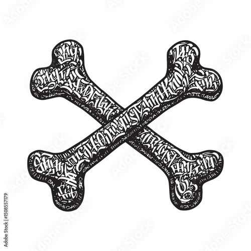 Grafitti Tagged Crossed Bones Illustration, Black and White Vect