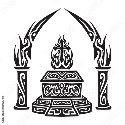 Tribal tattoo style altar icon, black and white vector design