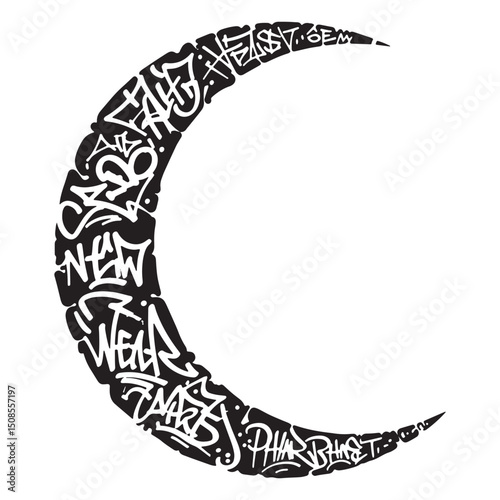 Stylized New Moon Crescent Symbol with Graffiti Elements Apparel