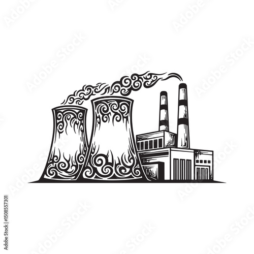 Coal Power Plant Illustration with Tribal Tattoo Style in Black