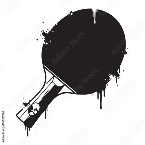 Striking Ping Pong Paddle with Dripping Paint Stencil Effect Vec