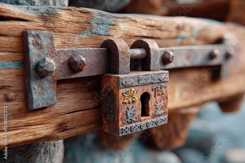 Antique iron padlock on rustic wooden gate with detailed aged texture and historic design features in close-up view