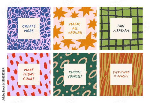 Abstract post card designs with hand-drawn doodle-style frames, motivation an...