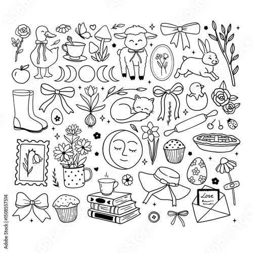 Cozy cottagecore vector doodles bundle