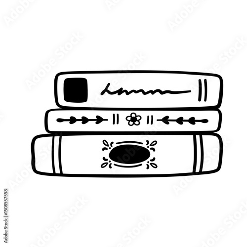Books hand drawn line art. Book doodle. Cozy book lover illustration, vector.