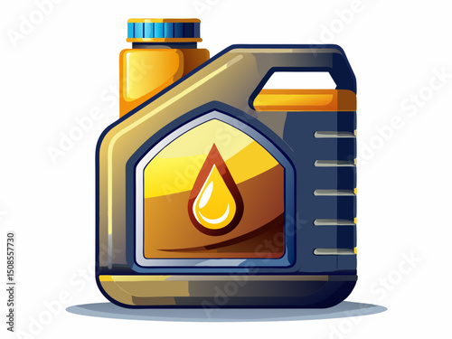 A high-quality vector of a motor oil container with clear label and golden oil drop, isolated on white
