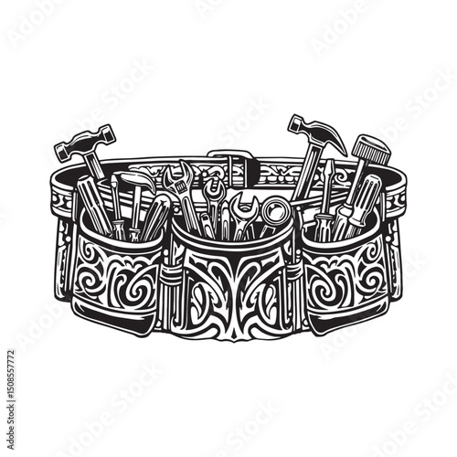 Detailed tool belt illustration featuring tribal tattoo style ar