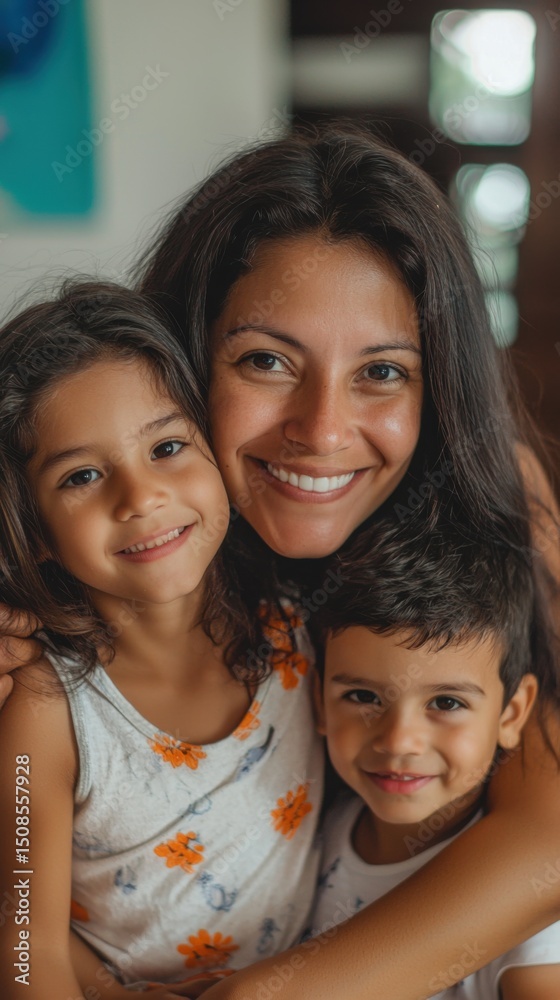 Portrait of mom and children at home-mom hugging hers two children in the living room of her house-single mother with her children-happy little family-Hispanic family Portrait of mom and children at home-mom hugging hers two children in the living room of her house-single mother with her children-happy little family-Hispanic family