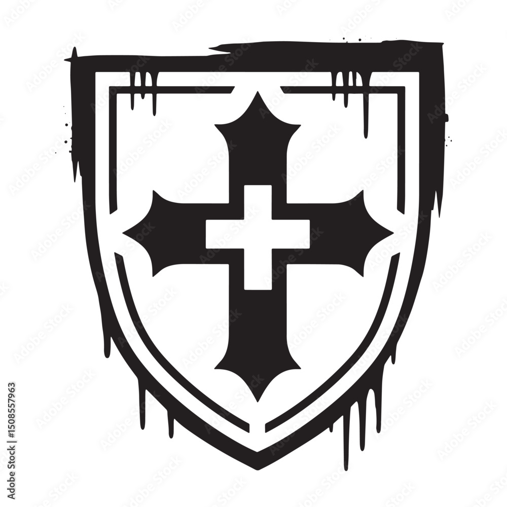 Medieval Insignia Icon with Stencil Dripping Paint, Black and Wh Medieval Insignia Icon with Stencil Dripping Paint, Black and Wh