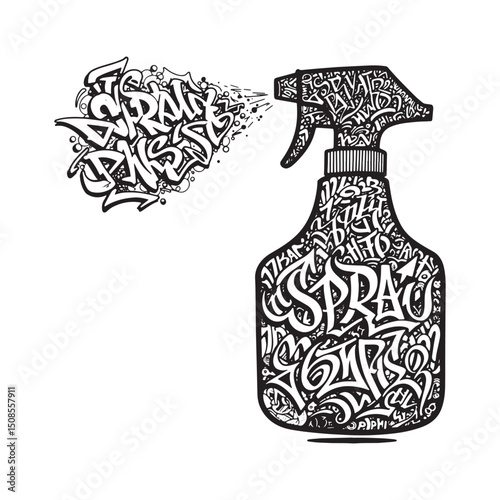 Monochrome Spray Bottle Vector with Graffiti Typography Design,