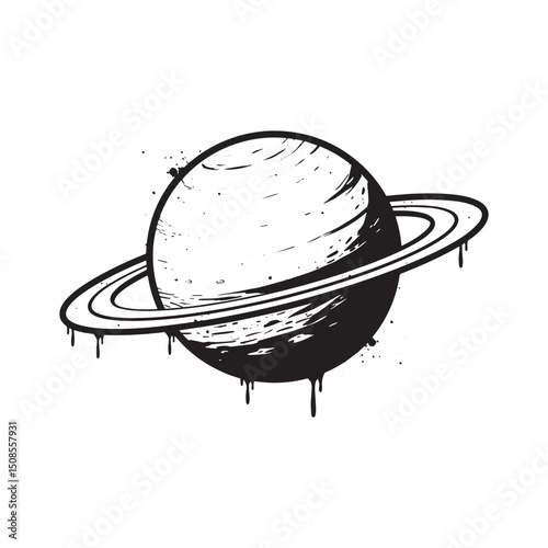 Saturn planet with dripping paint stencil style, black and white