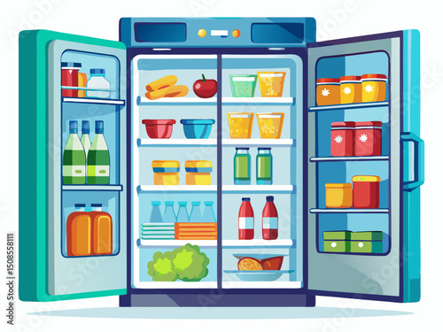 A clean vector of a modern open refrigerator with shelves full of food and drinks, isolated on a white background