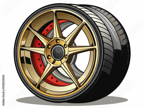 A realistic vector of a modern car wheel with shiny alloy rim and black tire, isolated on white background