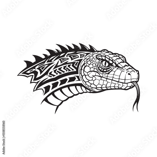 Reptilian Serpent Tribal Tattoo Icon Black and White Vector Desi
