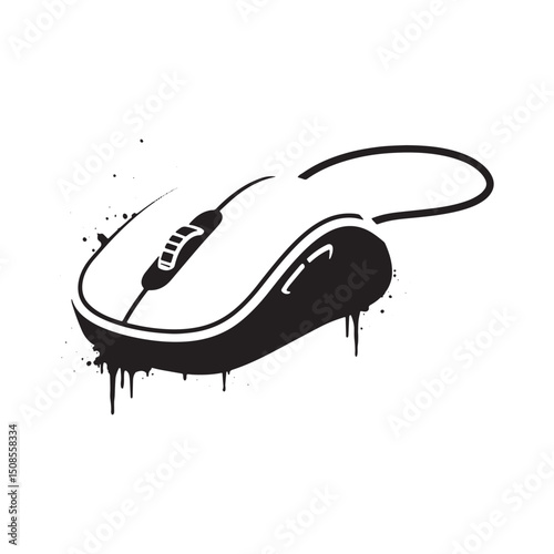 Computer Mouse Icon with Stencil Dripping Paint - Black and Whit