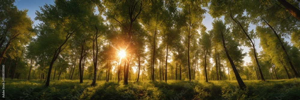 Obraz premium Sunset in the Woods Serene Forest Scene with Golden Light