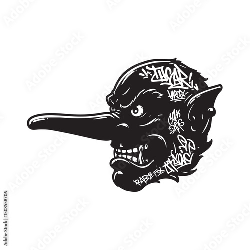 Monochrome Tengu Mask Vector Illustration with Graffiti Art Styl