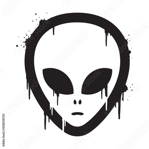 Alien Head Icon with Stencil Dripping Paint Effect in Black and