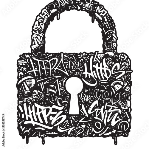 Stylized padlock adorned with elaborate graffiti artwork in mono
