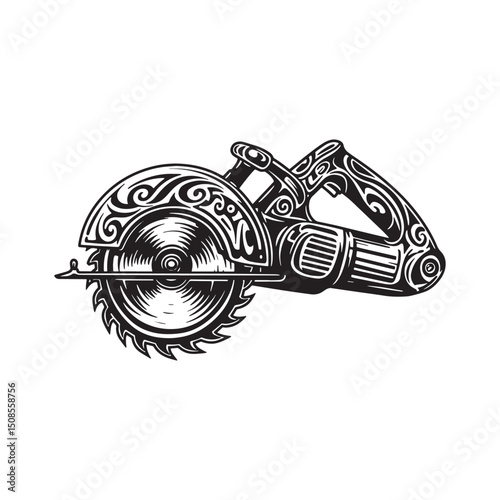 Circular Saw Icon with Tribal Tattoo Style for Merchandise Appar