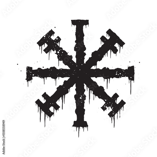 Striking Slavic Kolovrat Icon with Stencil Paint Drips for Appar