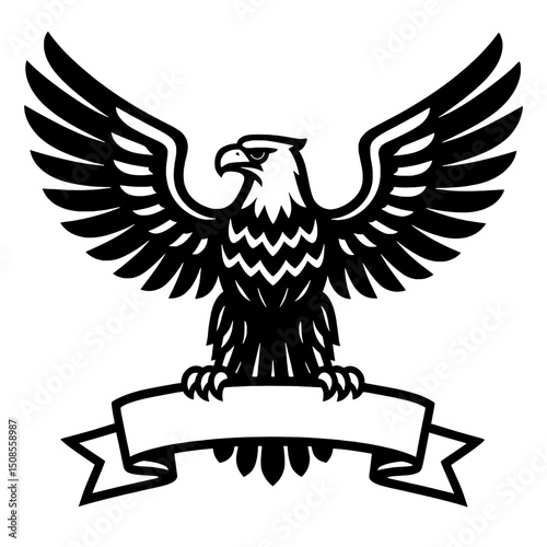 Heraldic Eagle Illustration Holding a Blank Banner in Black and White