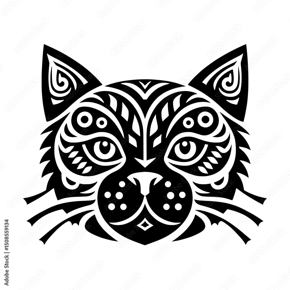 Fototapeta premium Decorative Tribal Cat Face Vector Illustration in Black and White