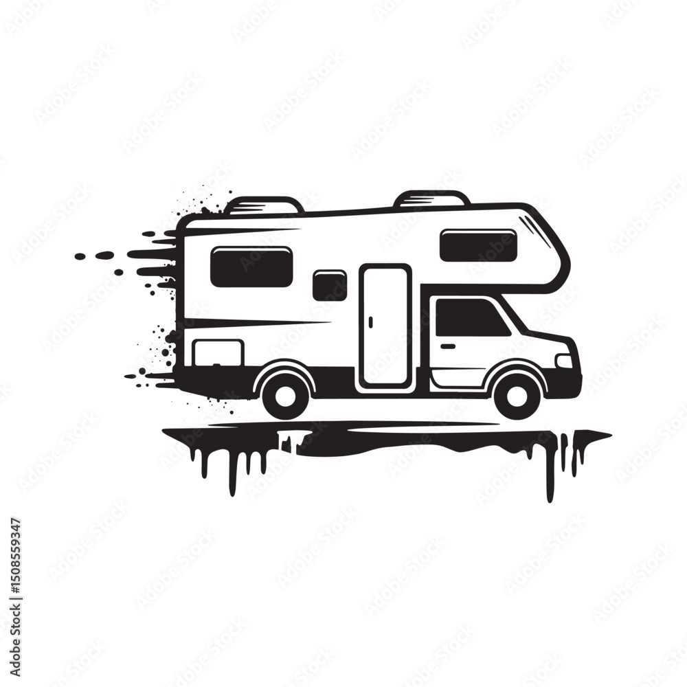 Naklejka premium Black and White RV Camper with Paint Drip Design for Apparel and