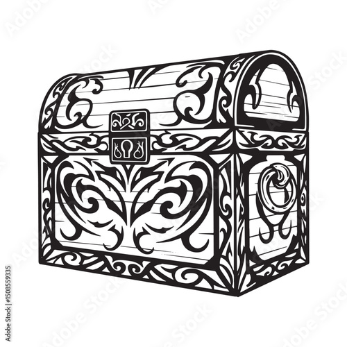 Detailed Treasure Chest with Tribal Tattoo Style Design Vector A photo