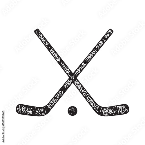 Edgy hockey stick graphic, black and white vector art with graff