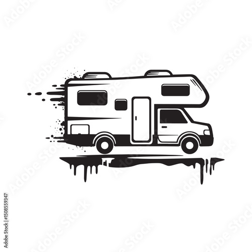 Black and White RV Camper with Paint Drip Design for Apparel and