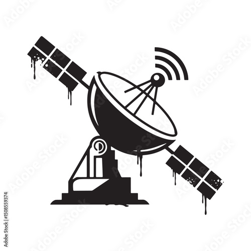 Monochrome Satellite Dish Icon with Dripping Paint Stencil Desig