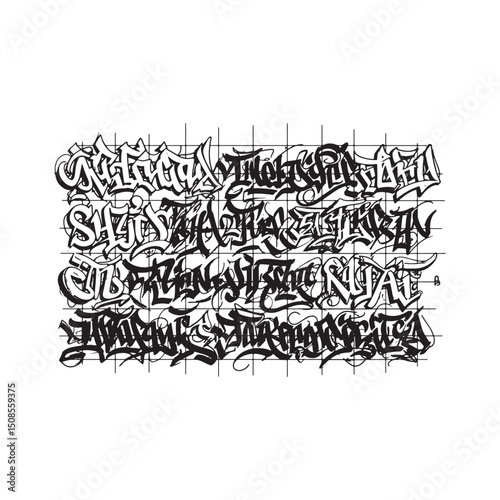 Urban Graffiti Art: Intricate black and white vector design with