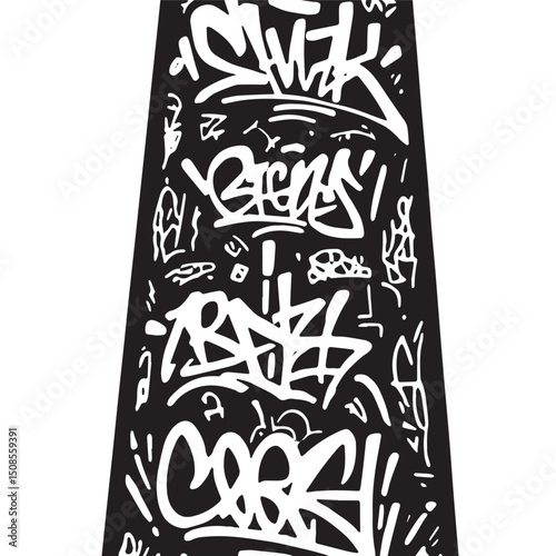 Monochrome Industrial Chimney Illustration Adorned with Graffiti