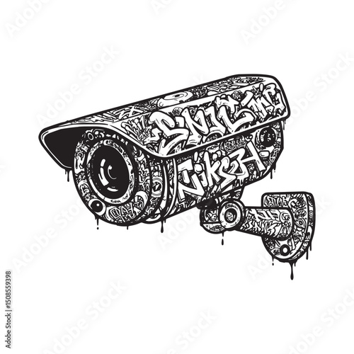 Graffiti-Covered Security Camera Illustration for Urban Art and