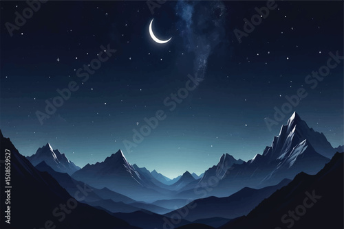 Night sky over majestic mountains, crescent moon and stars.