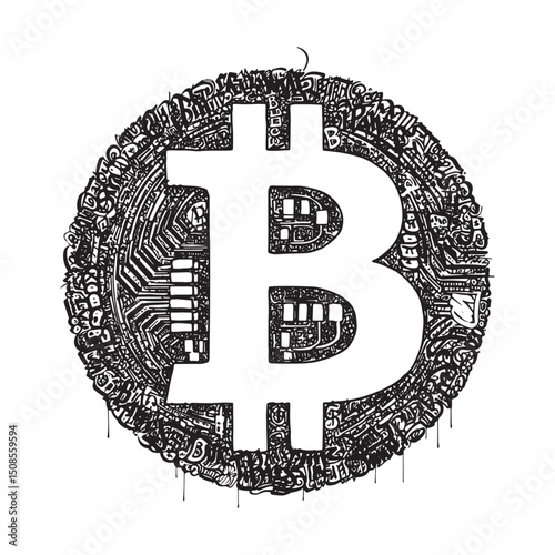 Bitcoin Graffiti Art, Black and White Vector Design for Merchand