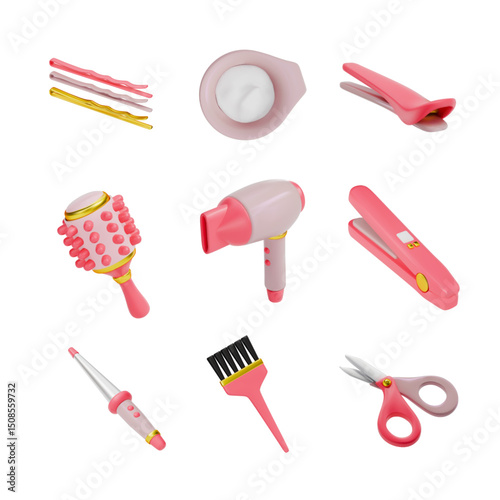 A set of 3 items for hairdressing or beauty salon. invisible hairpiece, hairpin, comb, hair dryer, straightener, cone curler, etc. Vector illustration on isolated white background